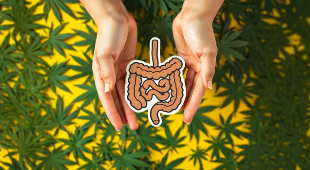 Ilustração do intestino com fundo de folhas de maconha