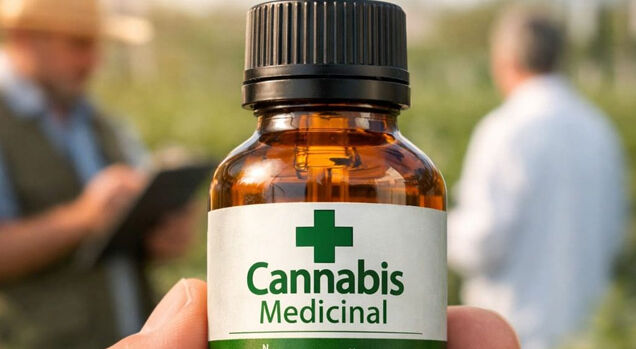Frasco de óleo de cannabis medicinal em plantação.